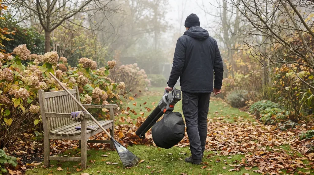 Broyeur aspirateur Mountfield sans fil utilisé dans un jardin