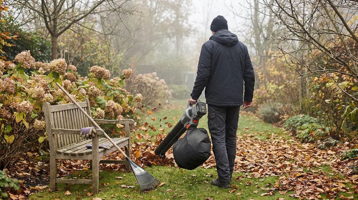 Broyeur aspirateur Mountfield sans fil utilisé dans un jardin