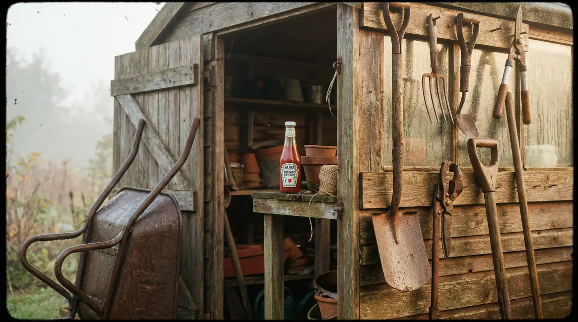 Cabane de jardin, outils rouillés, bouteille de ketchup