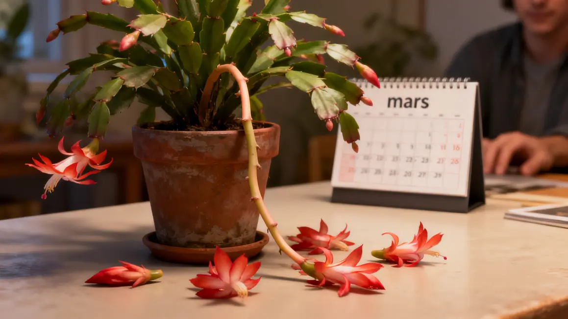 Cactus de Noël tiges molles fleurs tombées mars