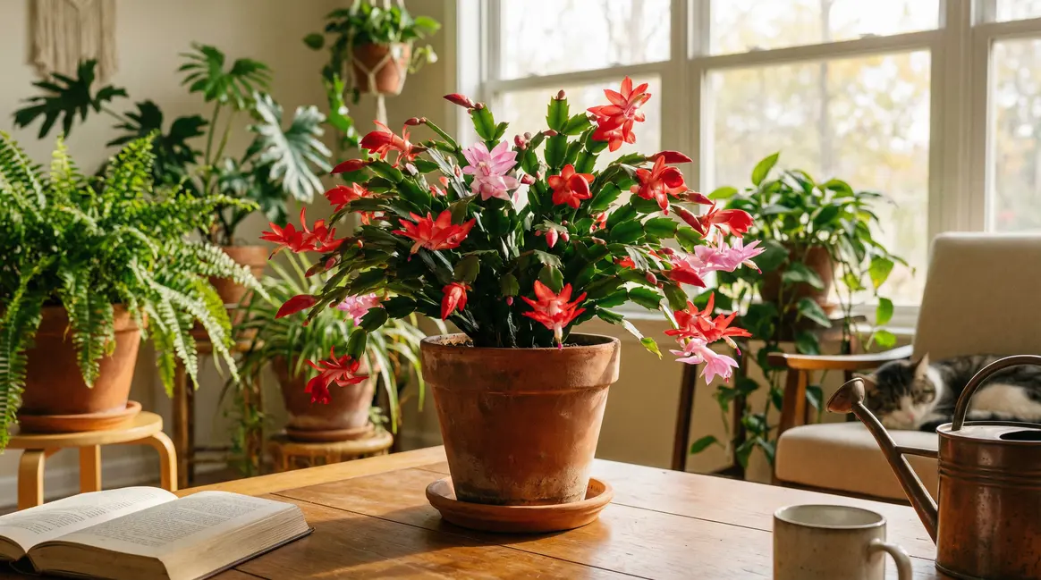 Cactus de Noël fleuri en pot sur table lumineuse