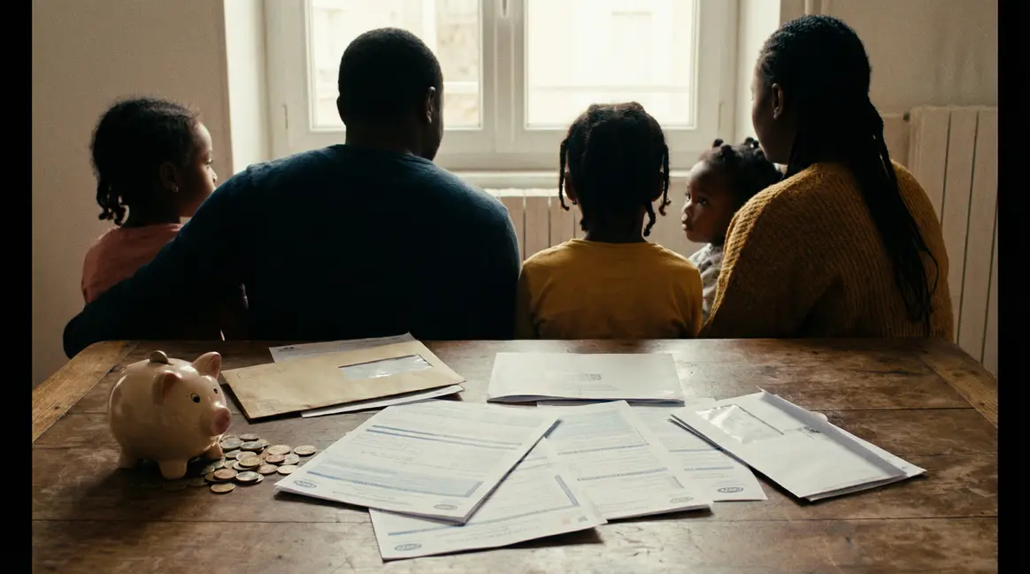 Famille devant documents administratifs avec tirelire soutien CAF