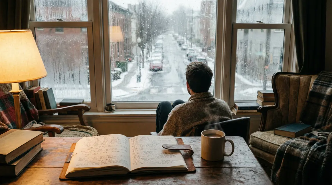 fenetre pluie carnet de gratitude tasse café