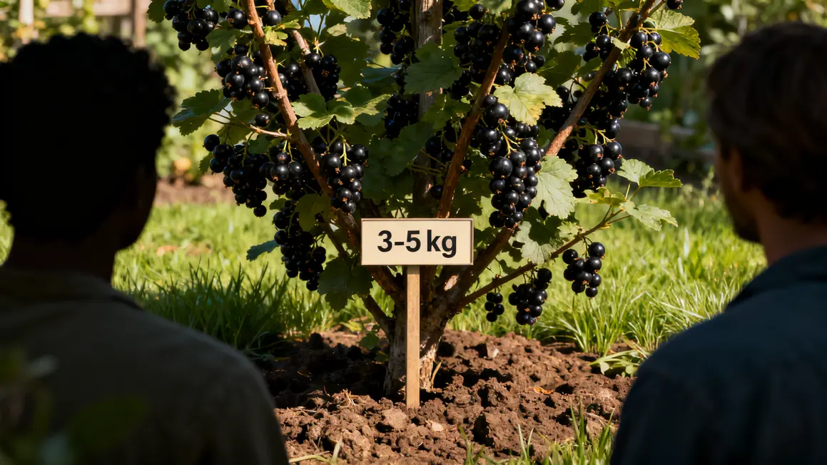 Gros plan cassissier adulte avec 3-5 kg de fruits noirs