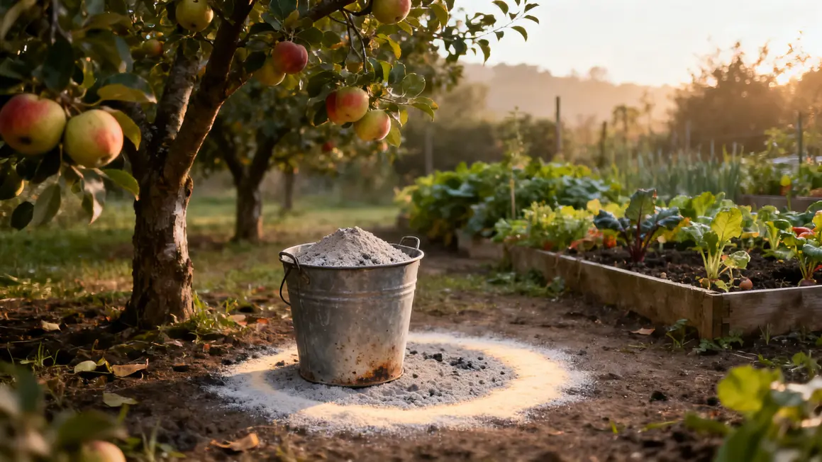 Seau de cendre au potager avec arbres fruitiers
