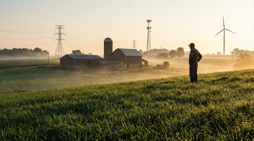 Agriculteur observe champ Pennsylvanie face datacenter