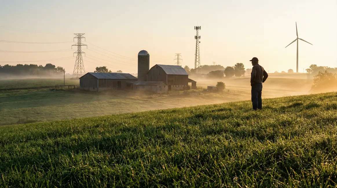 Agriculteur observe champ Pennsylvanie face datacenter