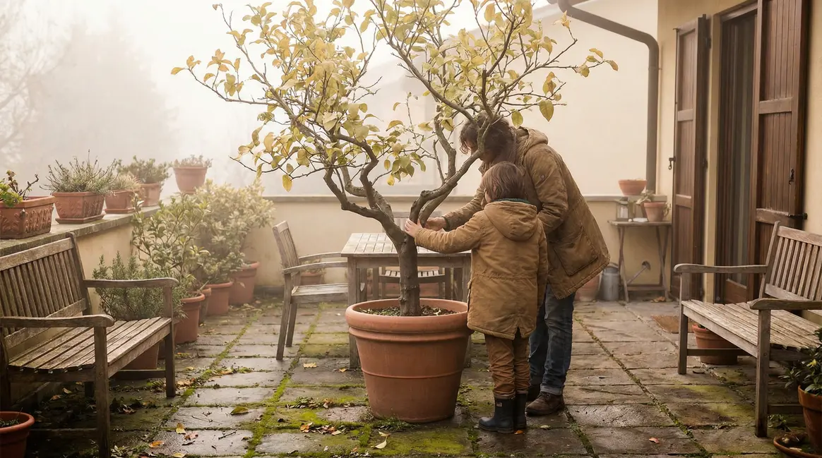citronnier terrasse maison brume matin printanier