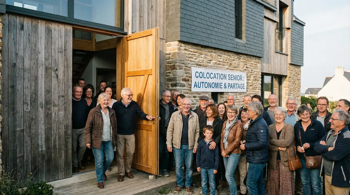 Colocation seniors visite, foule et convivialité devant maison moderne