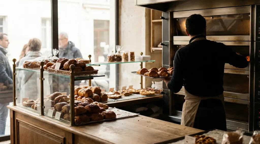 boulanger manipulant croissants frais comptoir