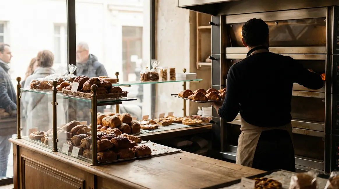 boulanger manipulant croissants frais comptoir