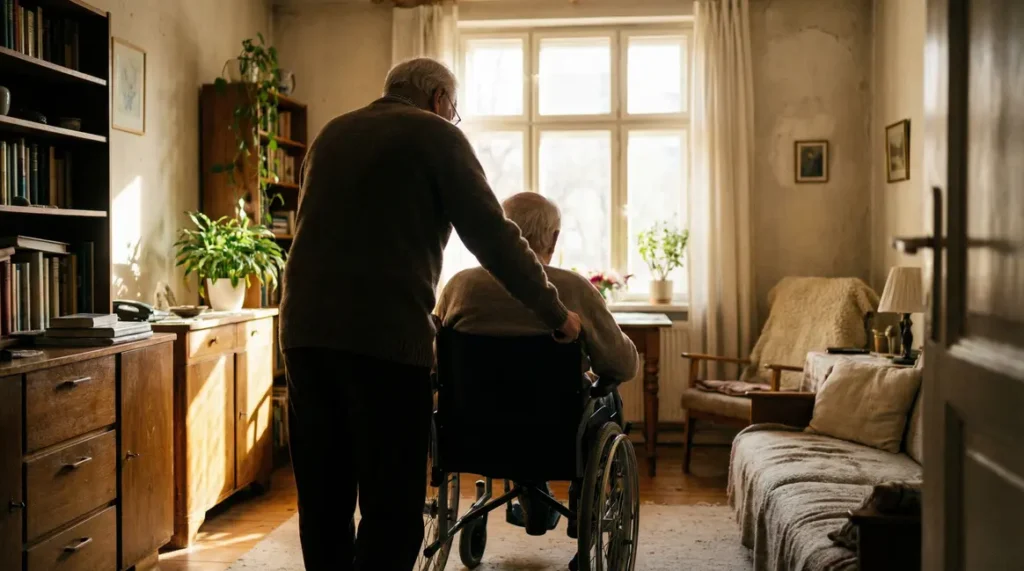 deux seniors aidant fauteuil roulant ambiance chaleureuse