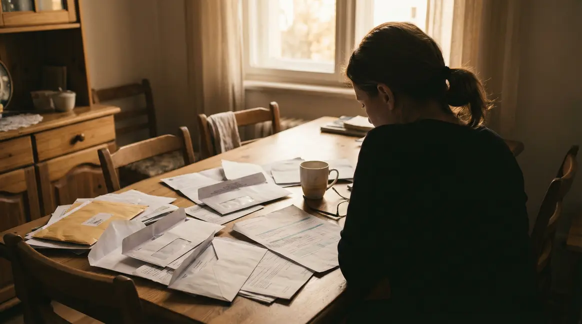 Femme seule anxieuse devant papiers controle domicile