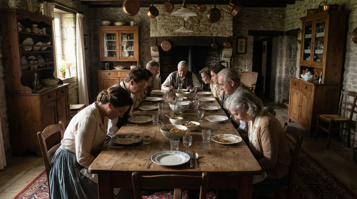 Famille à table coudes proches ambiance chaleureuse