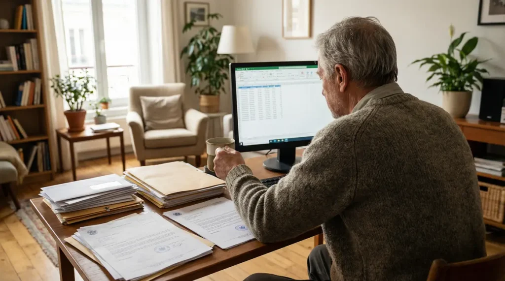 Homme âgé devant ordinateur avec factures, crédit d'impôt résidence senior