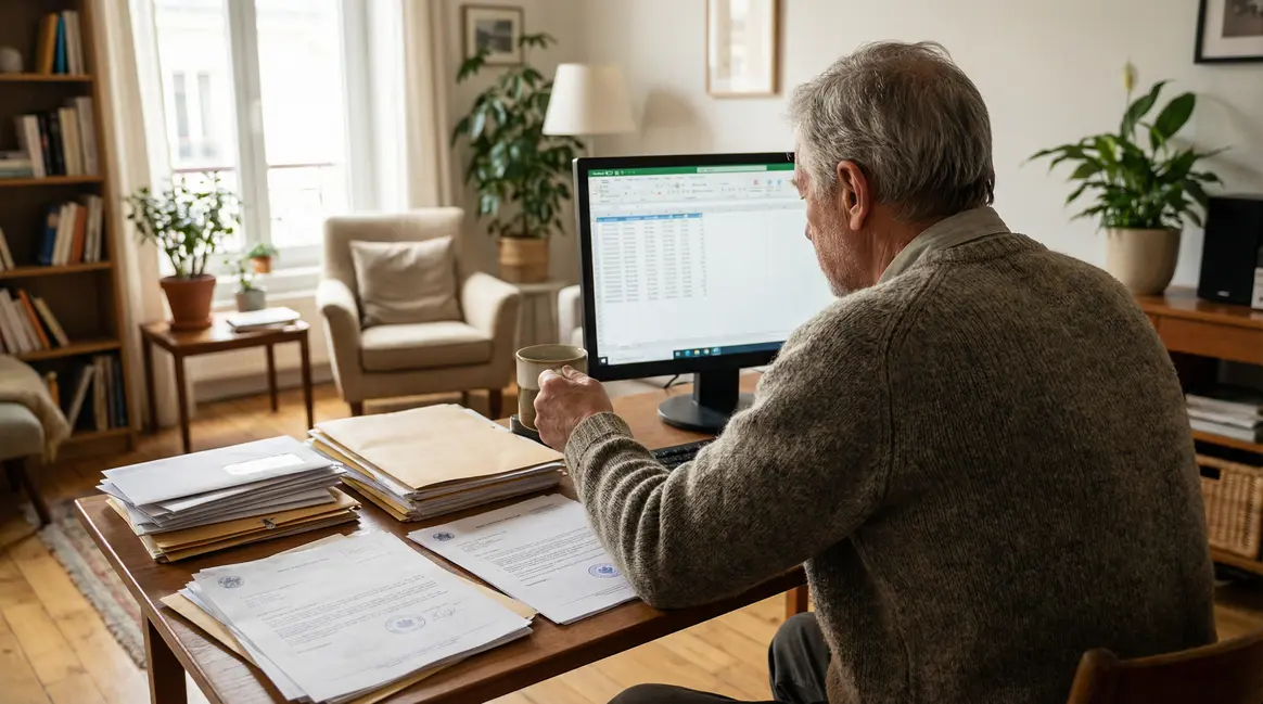 Homme âgé devant ordinateur avec factures, crédit d'impôt résidence senior