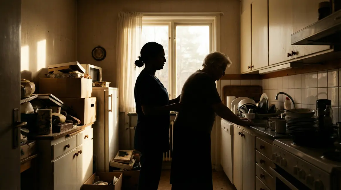Personne aidante et senior cuisine encombrée matin