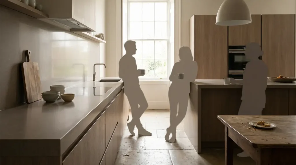 Cuisine contemporaine sans plaque visible, plan de travail continu