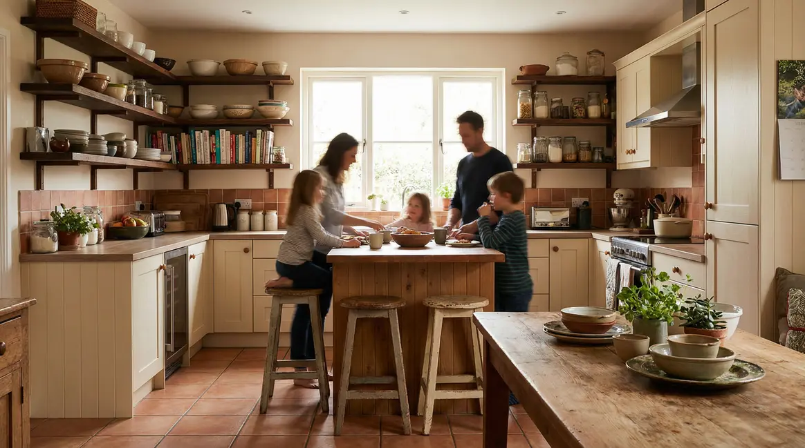 Cuisine ouverte moderne avec ilot central compact lumineux