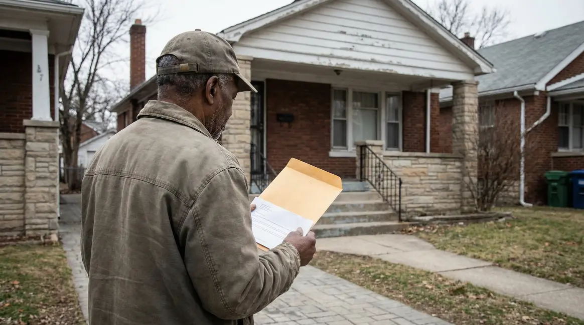 Senior tenant un courrier fiscal devant sa maison