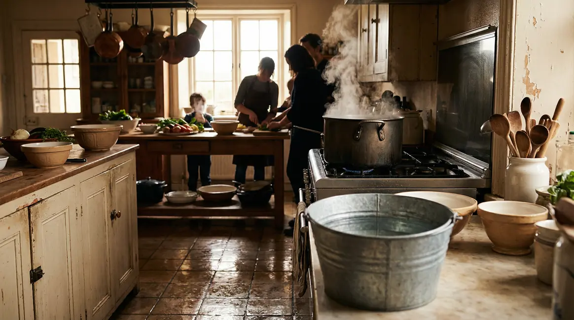Cuisine familiale utilisant eau de cuisson de pommes de terre pour ménage