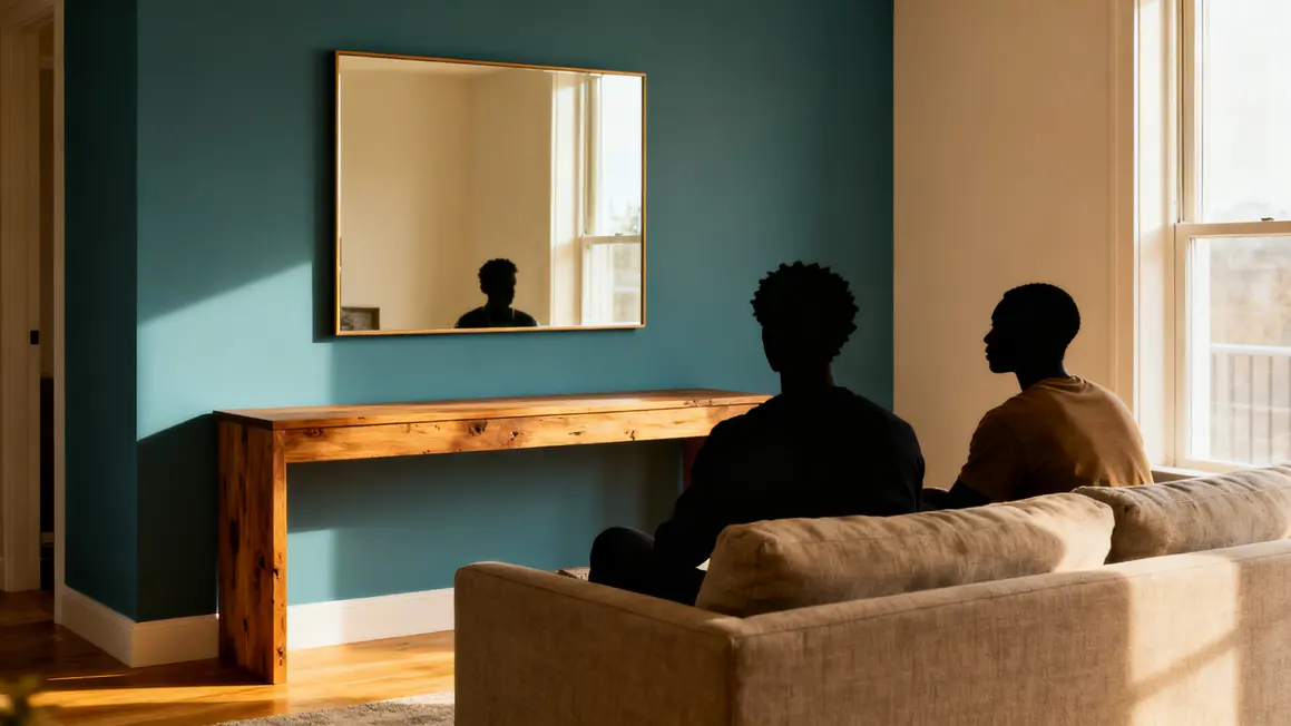 Salon compact mur accent bleu sauge avec miroir