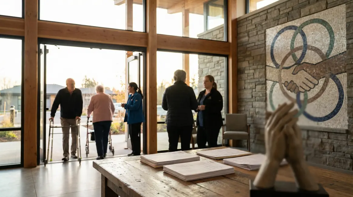 Entrée d'EHPAD moderne seniors soutien fiscal