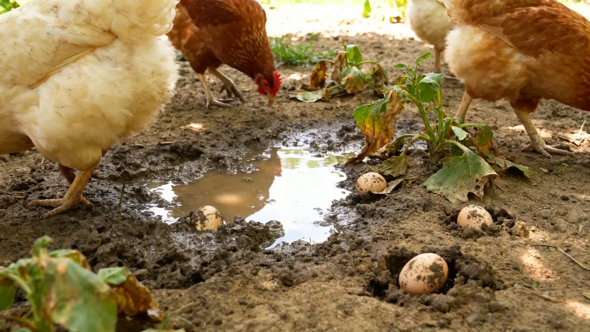 Poules sur terrain boueux œufs sales