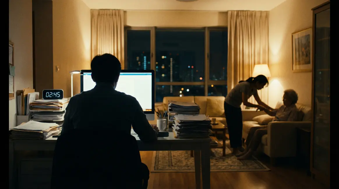 Homme debout devant ordinateur nuit et proche fatigue