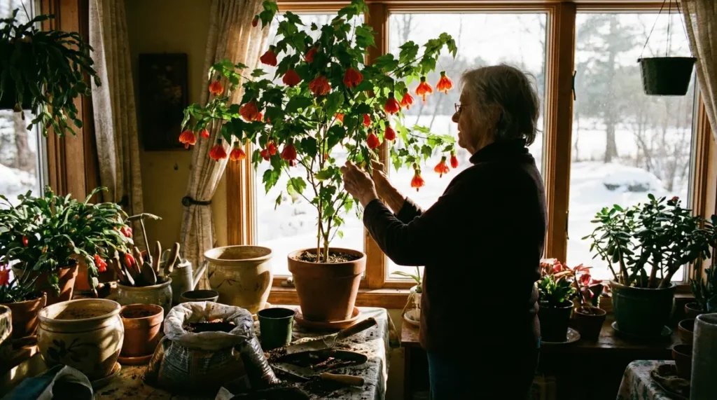 Femme âgée s’occupe d’un érable fleuri Abutilon en pot près d’une fenêtre en hiver