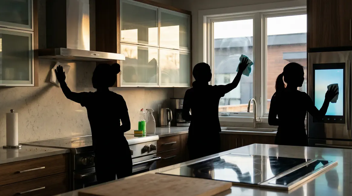 nettoyage surfaces cuisine avec essuie-tout et microfibre reflets inox vitres