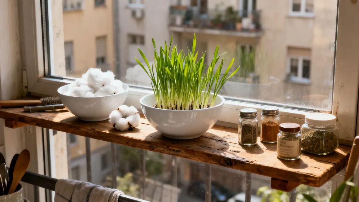 Etagere fenetre d'appartement, pousses vertes sur coton