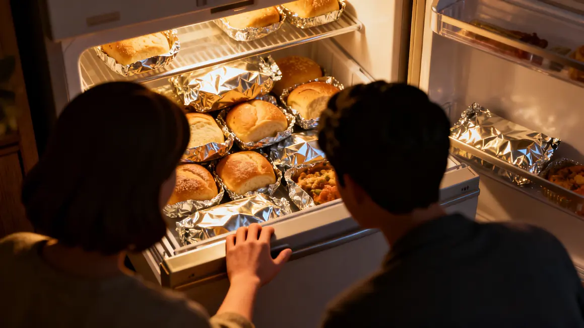 Famille pain aliments papier aluminium dans congélateur