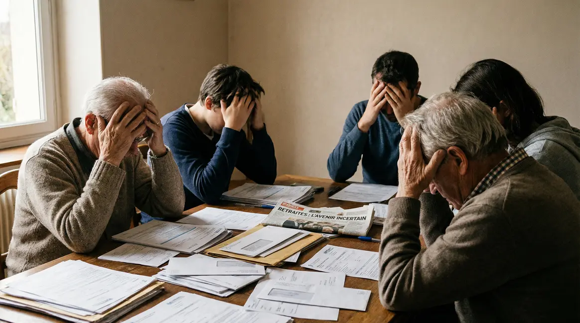 Famille en discussion autour des papiers retraite, ambiance tendue