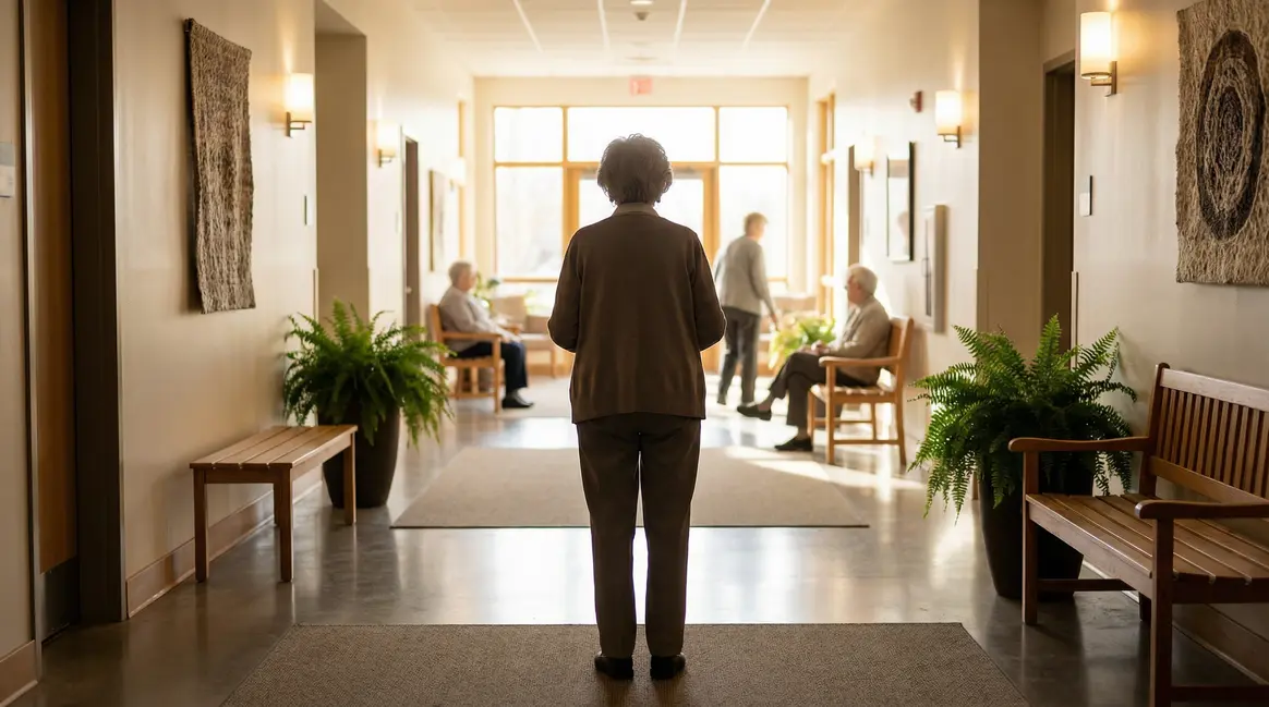 femme âgée debout couloir lumineux résidence senior