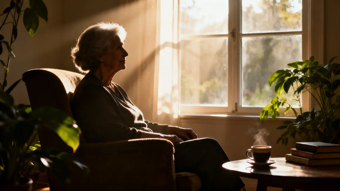 silhouette femme âgee fauteuil café soleil