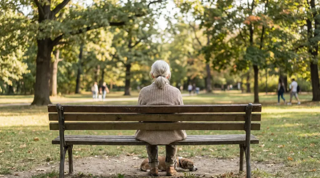 femme âgee assise sur un banc dans un parc lumineux