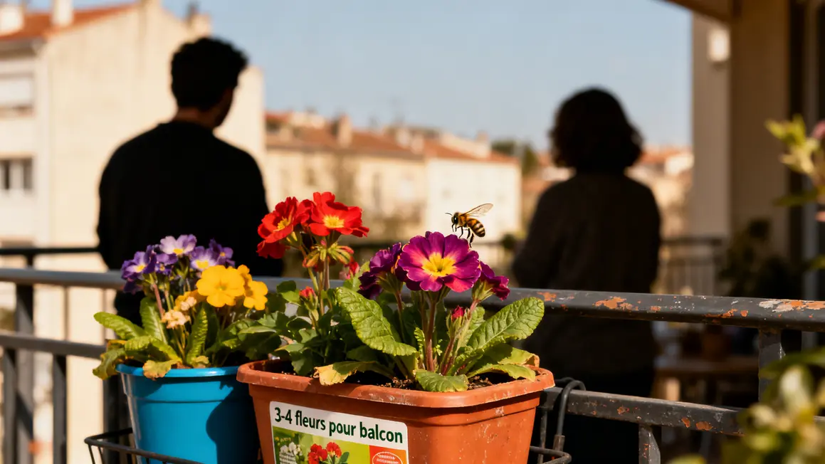 Balcon fleurs colorées abeille ambiance conviviale