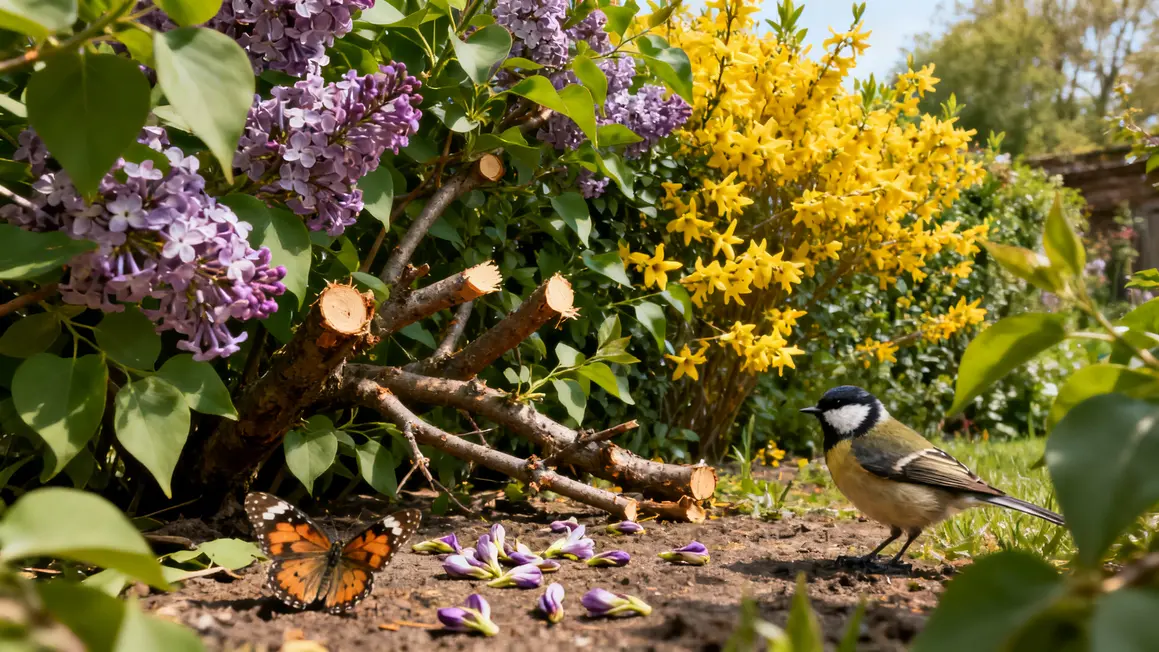 Branches coupées lilas forsythia papillon mésange jardin