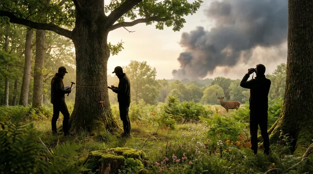 Forestiers et naturalistes dans forêt française