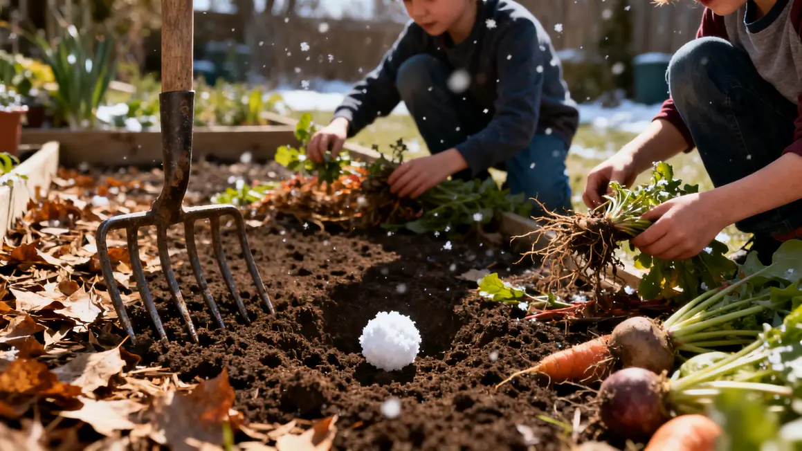 gestes simples jardin fourche beche paillage feuilles enfants racines