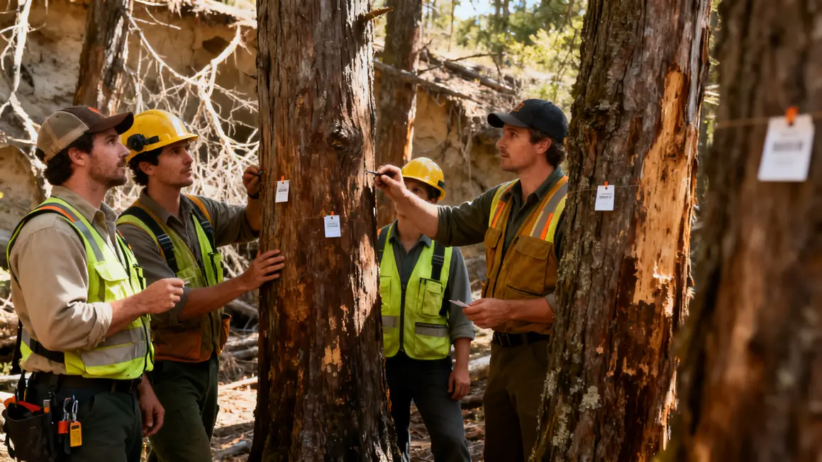 Équipe forestière inspectant forêt