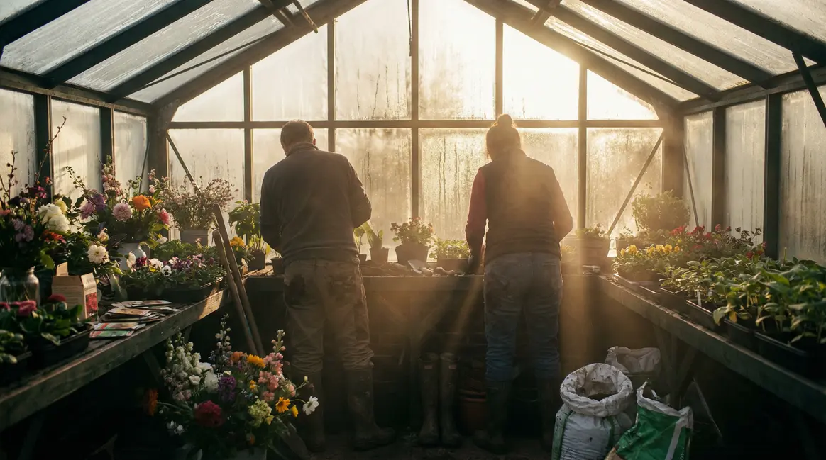 Serre au matin avec jardiniers et graines, ambiance printemps