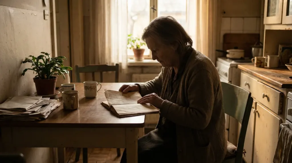 Grand-mère lit carnet de santé à table ambiance familiale