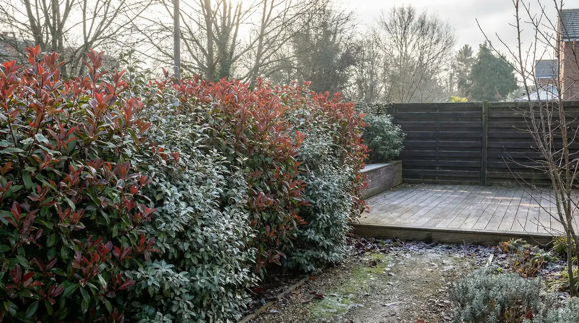Haie Photinia Red Robin et Elaeagnus dans jardin moderne hiver