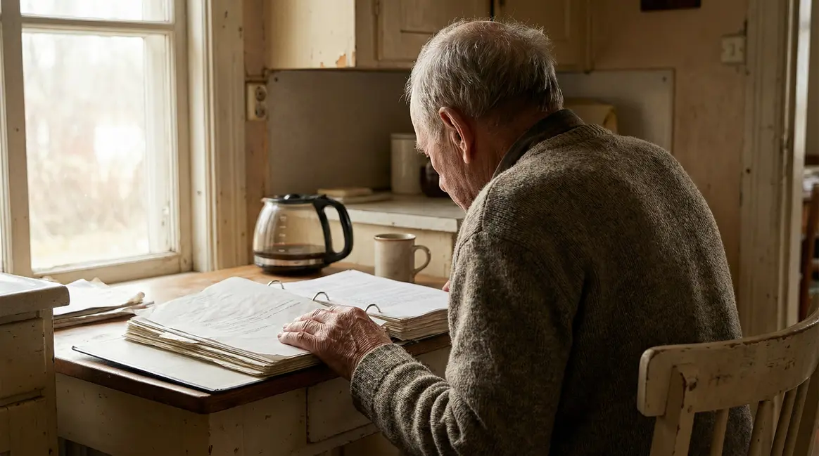 Homme âgé lisant rapport retraite à la cuisine