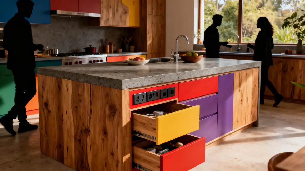Ilot central bois pierre matériaux design pratiques