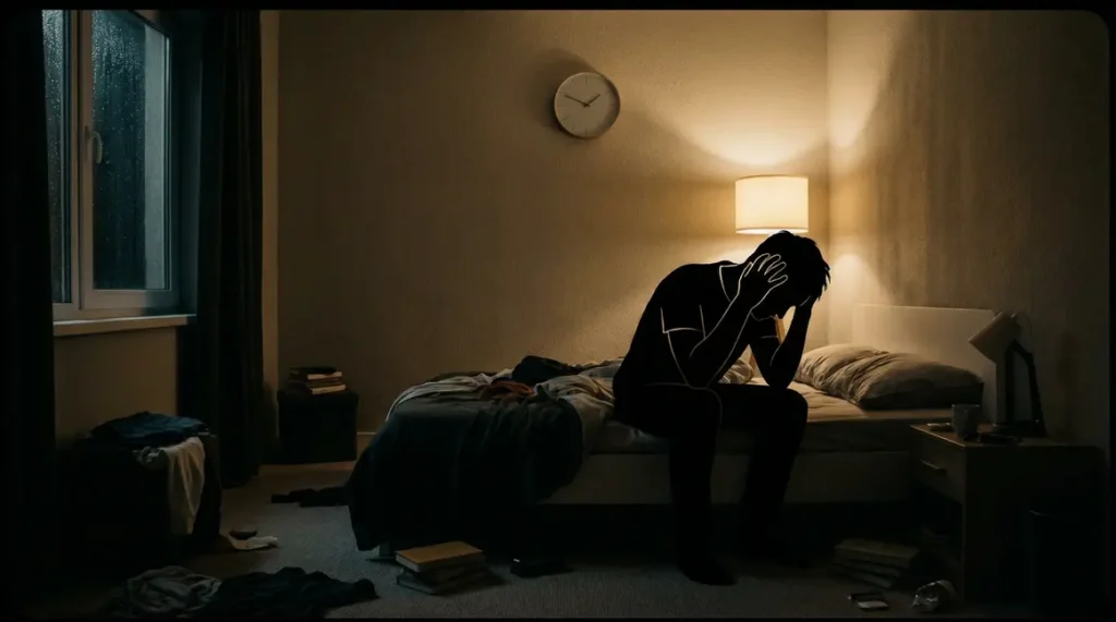 Chambre nocturne, silhouette éveillée, insomnie chronique