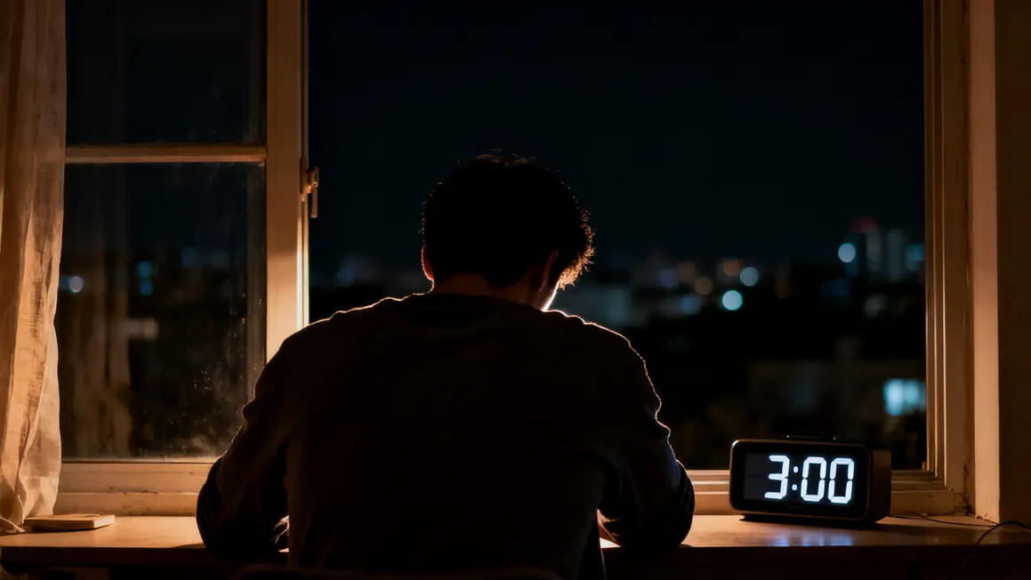Silhouette fatiguée nuit, insomnie chronique, solitude