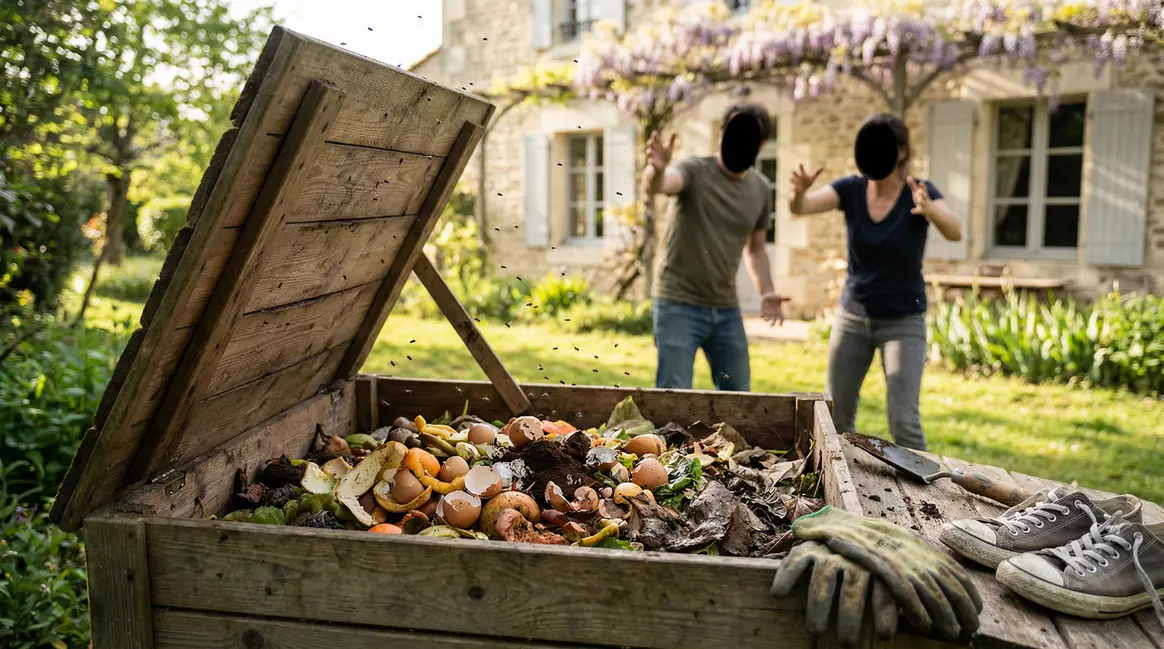 Moucherons dans composteur de jardin français au printemps